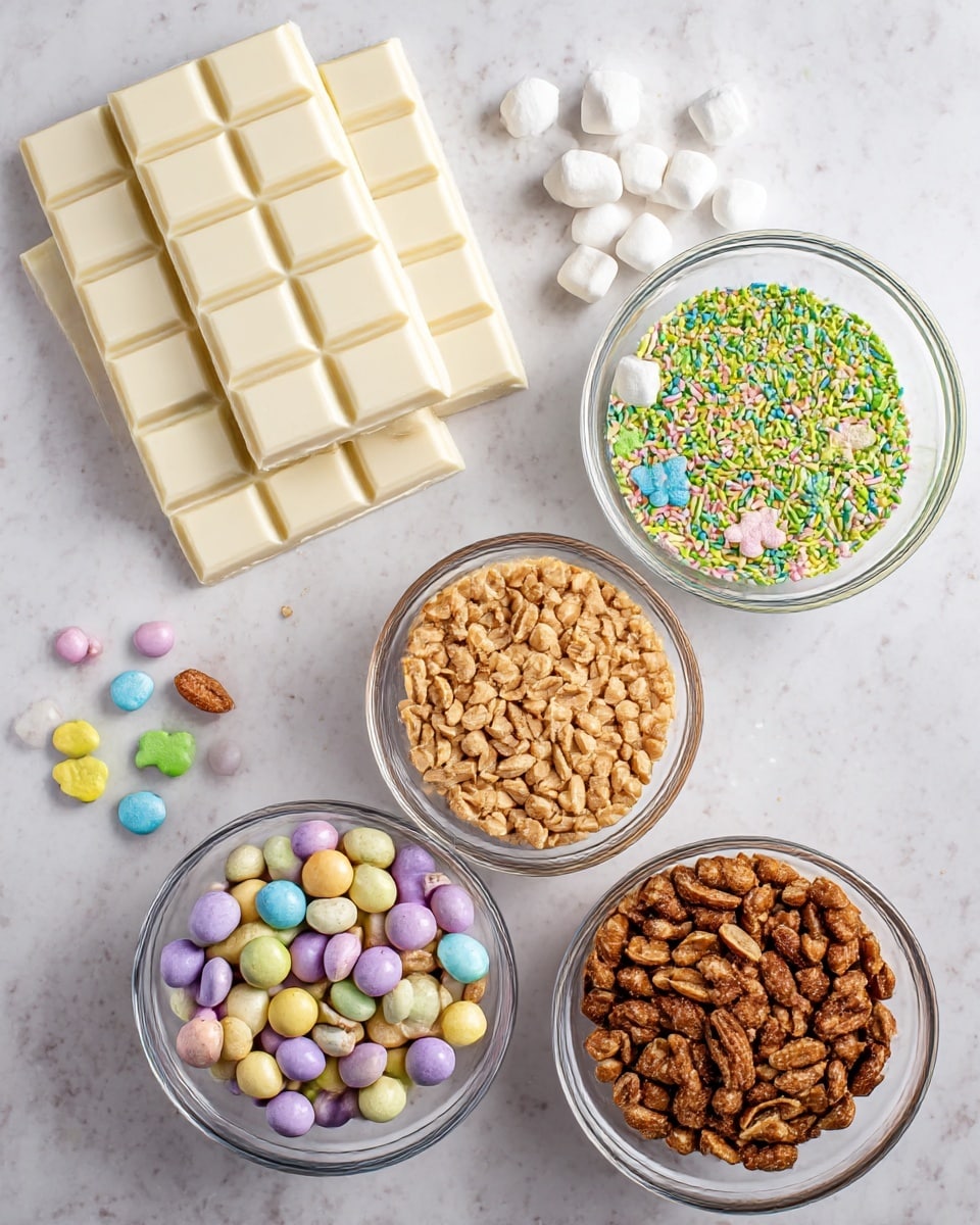 The image shows six ingredients laid out on a white marbled surface. At the top left are two large blocks of white chocolate with a smooth, matte texture and square segments. To the right of the chocolate are two clear glass bowls, one filled with small white marshmallows and the other with colorful pastel sprinkles in green, yellow, pink, blue, and purple shapes. Below the marshmallows is a glass bowl full of light brown roasted peanuts with a slightly rough texture, while directly below that is another bowl filled with darker brown peanuts, coated with a shiny seasoning. To the left of the peanuts sits a glass bowl packed with pastel candy-coated chocolate pieces in soft purple, green, blue, yellow, and pink. A few stray candies, peanut pieces, and sprinkles are scattered casually around the bowls. photo taken with an iphone --ar 4:5 --v 7