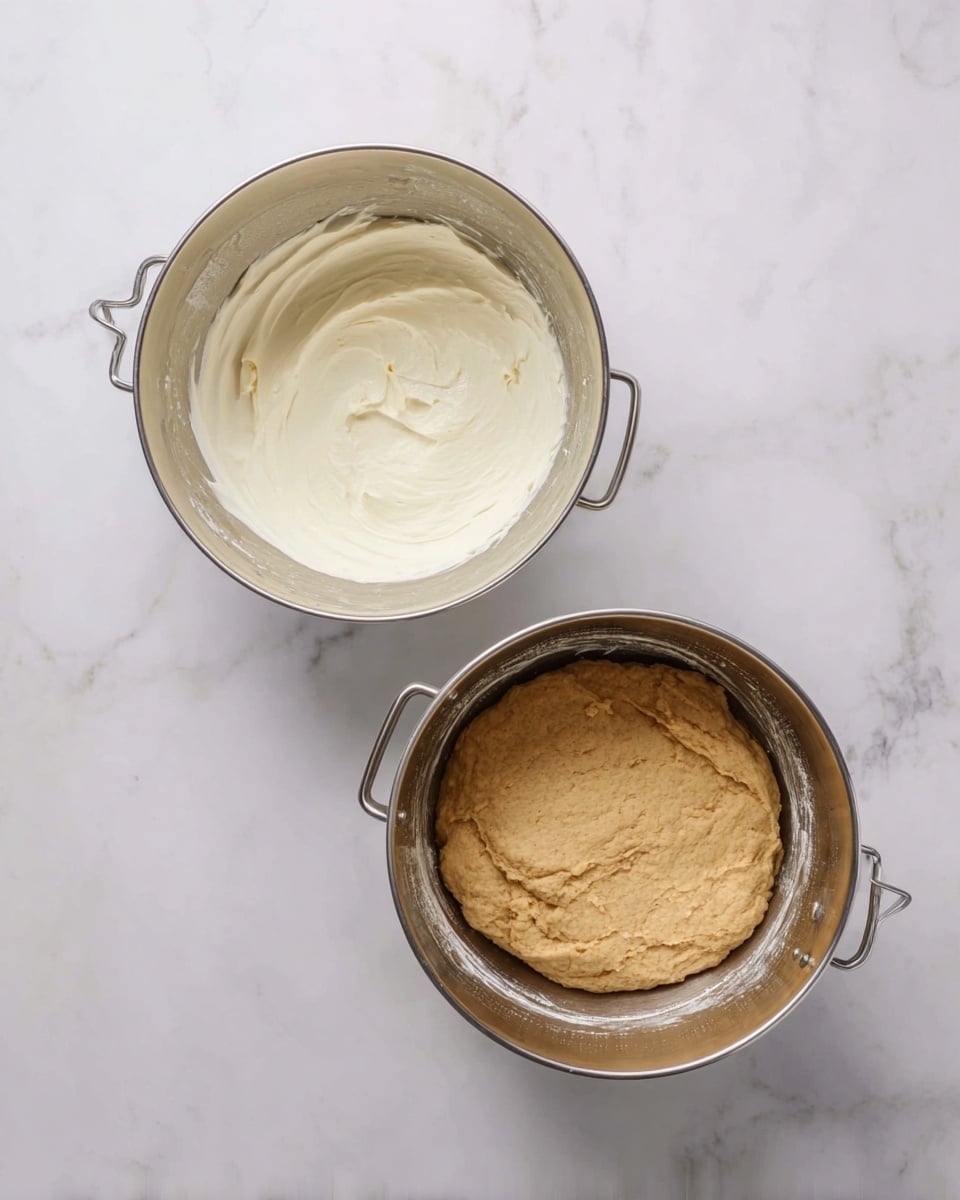 Two metal mixing bowls are shown from above, placed side by side on a white marbled surface. The bowl on the left contains one layer of smooth, white cream in the center, with the rest of the bowl clean and showing a shiny silver texture. The bowl on the right holds one layer of dense, light brown dough also centered, with slight marks from stirring on top and a clean silver interior around it. The bowls have a small handle with a hole for hanging. photo taken with an iphone --ar 4:5 --v 7