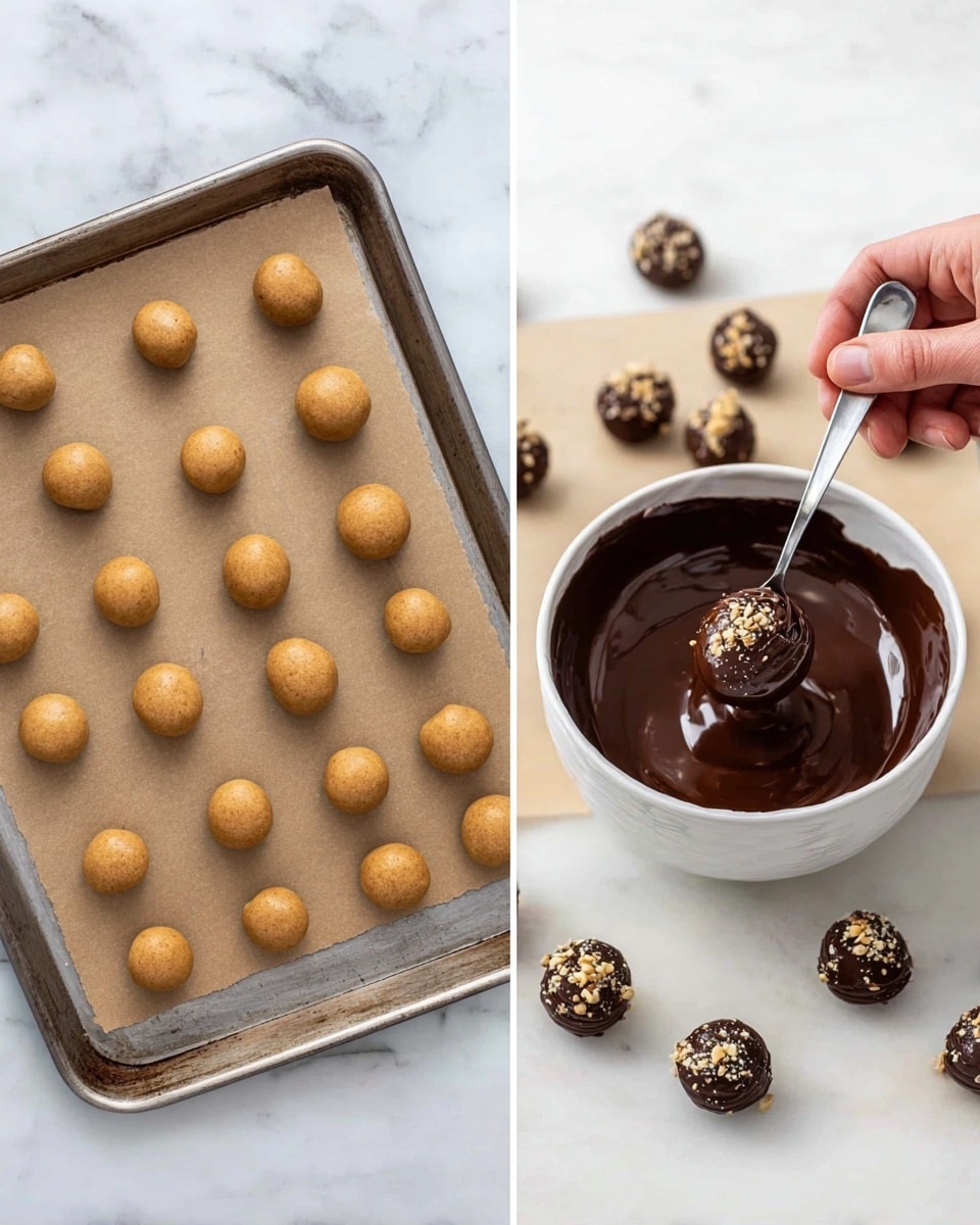The image shows two parts: on the left, there is a metal baking tray lined with light brown parchment paper, holding 24 evenly spaced round dough balls, light brown in color and smooth in texture. On the right, there is a close-up of a white bowl filled with glossy dark chocolate, with a woman's hand holding a silver spoon that lifts one round dough ball coated fully in the chocolate. Above the bowl, a tray with the same parchment paper holds multiple dark chocolate-coated balls sprinkled with small light crumbs, resting on a white marbled surface. photo taken with an iphone --ar 4:5 --v 7