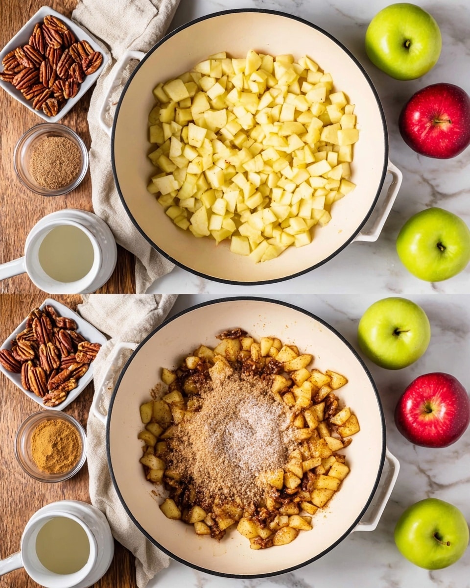 A white pan with a black rim is shown in two stages on a white marbled surface. In the first stage, the pan is filled with small, chopped, light yellow apple pieces spread out evenly, surrounded by a light beige towel on the left and various ingredients around – a white square bowl with pecans at the top, a green apple and a red apple below it, a lighter liquid in a small white cup, and brown sugar in a white bowl at the bottom. In the second stage, the same pan contains the apple pieces now browned and mixed with a pile of brown and white sugar at the center, creating a contrast with the lighter cooked apple pieces. The ingredients around the pan stay the same. Photo taken with an iphone --ar 4:5 --v 7