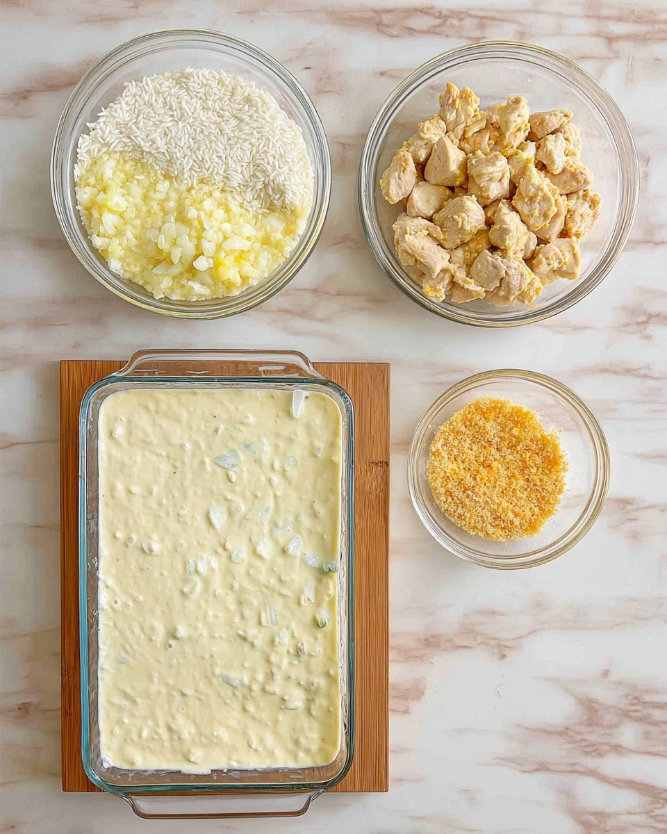 The image shows three stages of making a creamy layered dish on a white marbled surface. The first stage displays a glass bowl with four separate layers of ingredients: white cooked rice on the top right, creamy light yellow sauce on the top left, chopped cooked chicken pieces with a beige is in the bottom right, and small white onion pieces in the bottom left. The second stage shows these ingredients fully mixed into a thick, creamy white sauce with small bits visible, spread evenly inside a clear rectangular glass baking dish. The third stage has a small glass bowl filled with melted butter and golden breadcrumbs on top next to the baking dish covered in the same creamy mixture. Photo taken with an iphone --ar 4:5 --v 7