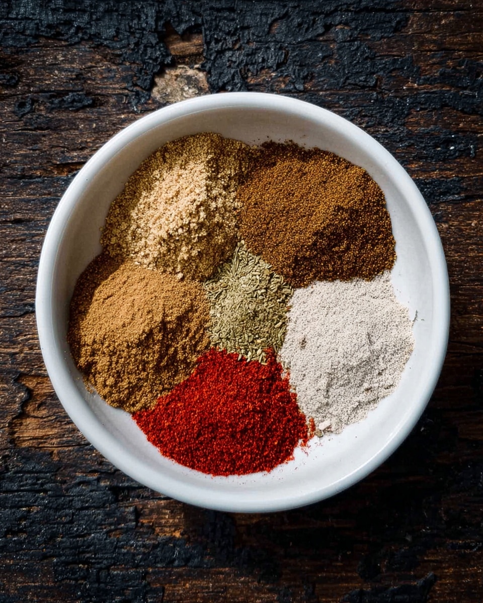 A white bowl holds six small piles of different spices arranged in a circle. The top left pile is light brown and grainy, next to it on the right is a darker brown powder. Below that is a very light greyish powder. To its left is a cinnamon-colored powder, then a greenish-brown one, and finally, a bright red coarse powder on the left side. The bowl sits on a dark, rough wooden surface. Photo taken with an iphone --ar 4:5 --v 7