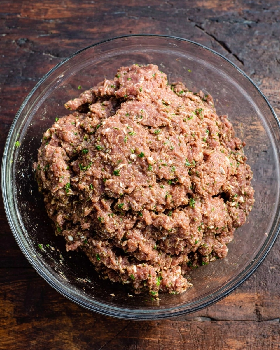 A clear glass bowl filled with a large clump of mixed ground meat and herbs, showing a coarse texture with small bits of green herbs sprinkled throughout. The mixture has a brownish-pink color with visible flecks of white fat and oats, giving it a rough, uneven surface. The bowl sits on a dark wooden surface changed to a white marbled texture, and the mix looks dense and slightly moist, ready to be shaped or cooked. photo taken with an iphone --ar 4:5 --v 7
