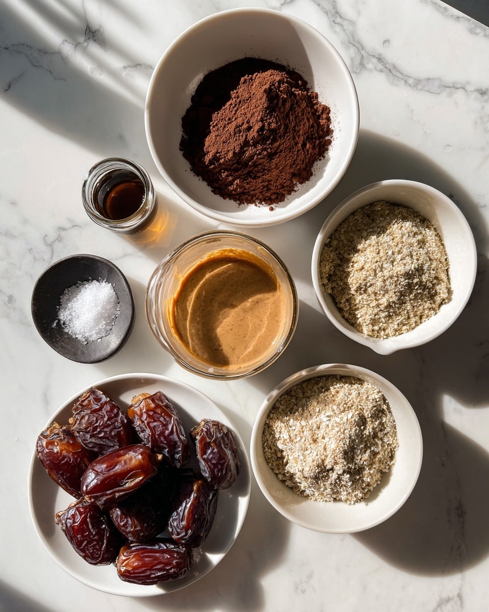 The image shows six different ingredients arranged on a white marbled surface in various white bowls and a white plate. In the center, there is a white measuring cup filled with smooth, light brown sunflower seed butter. Above it, a white bowl holds dark brown cocoa powder with a fine, powdery texture. To the right, another white bowl contains light beige hemp protein powder, coarse and crumbly in appearance. Below the bowls, a white plate is filled with glossy, dark reddish-brown dates that look plump and sticky. To the left, a small dark dish holds coarse white salt, and above it, a small container with a dark brown vanilla liquid completes the line-up. Bright natural light casts shadows across the items, showing texture and depth photo taken with an iphone --ar 4:5 --v 7