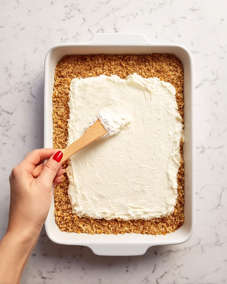 A rectangular white baking dish filled with one layer of coarse brown crumbly mixture made of nuts and small orange pieces, spread evenly across the bottom. On top of this layer, a thick, white creamy substance is being spread with a wooden spatula by a woman's hand with red nail polish. The scene is set on a white marbled surface. photo taken with an iphone --ar 4:5 --v 7