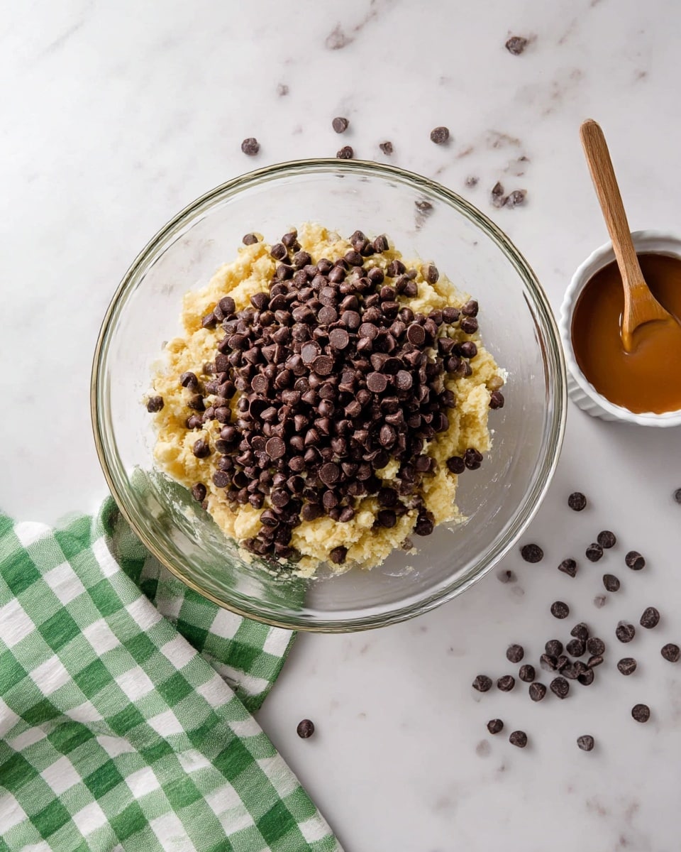 A clear glass bowl placed on a white marbled surface contains a chunky pale yellow dough as the base layer, covered with a thick layer of dark brown chocolate chips scattered unevenly on top. Around the bowl, on the surface, are several chocolate chips spread out, along with a small white ramekin filled with a smooth caramel brown sauce and a wooden spoon resting inside. A green and white checkered cloth is partly under the bowl, adding a splash of color to the scene. photo taken with an iphone --ar 4:5 --v 7