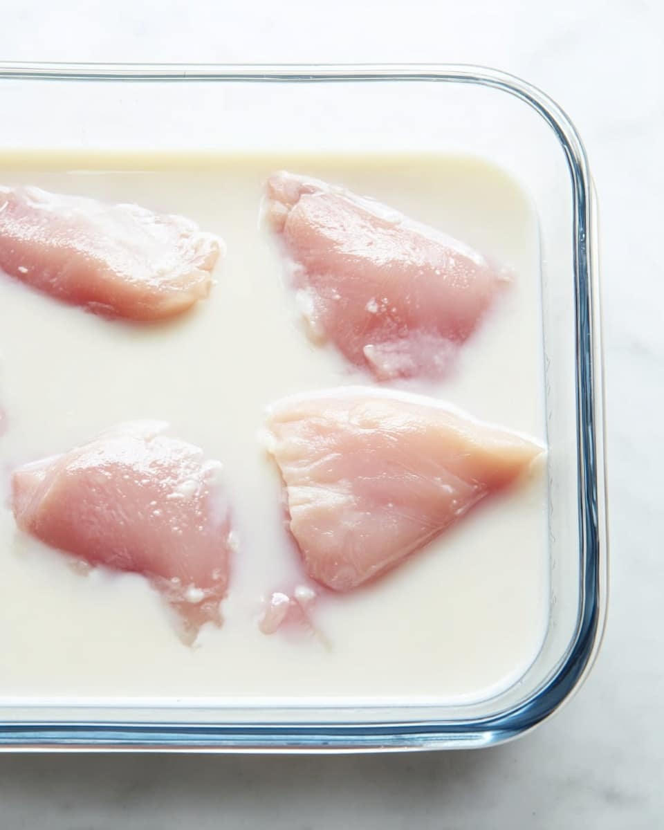 A clear glass rectangular dish holds three pieces of raw pink chicken partially covered by a thick, white milky liquid. The chicken pieces rest at different spots in the dish, with two closer to the left side and one near the center. The white milk-like liquid fills the dish most of the way, creating a smooth, opaque surface with slight reflections. The dish is placed on a white marbled texture surface. photo taken with an iphone --ar 4:5 --v 7