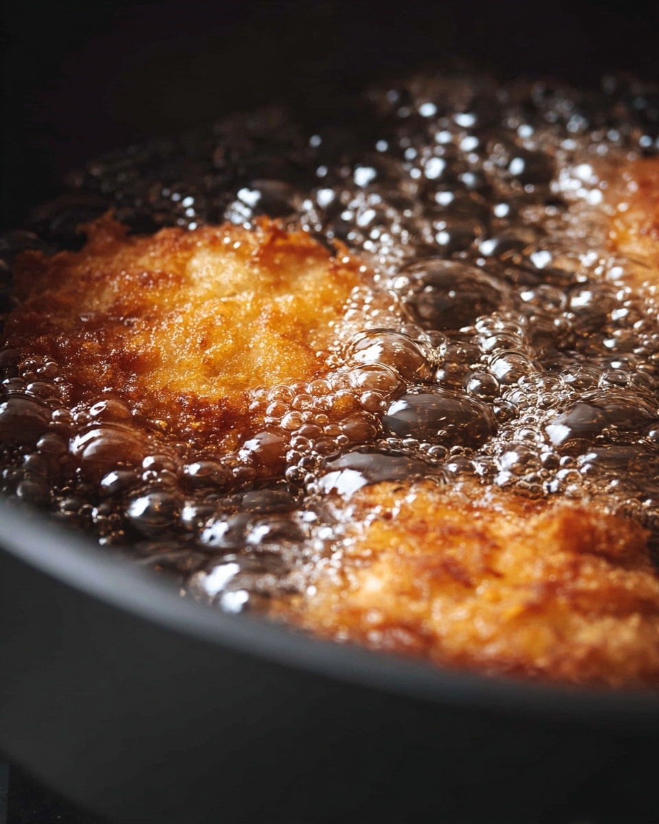 The image shows a close-up of hot bubbling oil in a black pan, with two pieces of golden-brown food frying inside. The oil covers most of the frame with large, shiny bubbles reflecting light, creating a textured surface. The fried pieces are partially submerged, revealing a crispy, textured outer layer in warm brown tones. The pan's dark, matte sides curve around the food, contrasting with the bright bubbling oil and fried items. The scene looks hot and dynamic, focusing on the frying process photo taken with an iphone --ar 4:5 --v 7