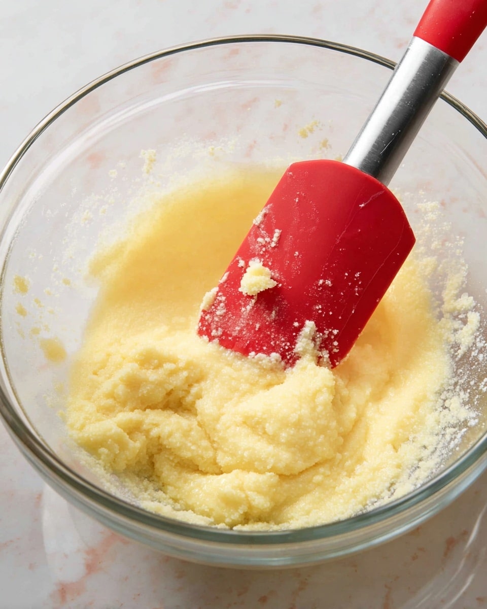 A clear glass bowl filled with a light yellow mixture that looks soft and slightly grainy, being stirred with a red spatula that has a shiny metal handle, the mixture has a creamy texture with a few small lumps visible and the spatula is partly covered in the mixture, the bowl sits on a white marbled surface photo taken with an iphone --ar 4:5 --v 7