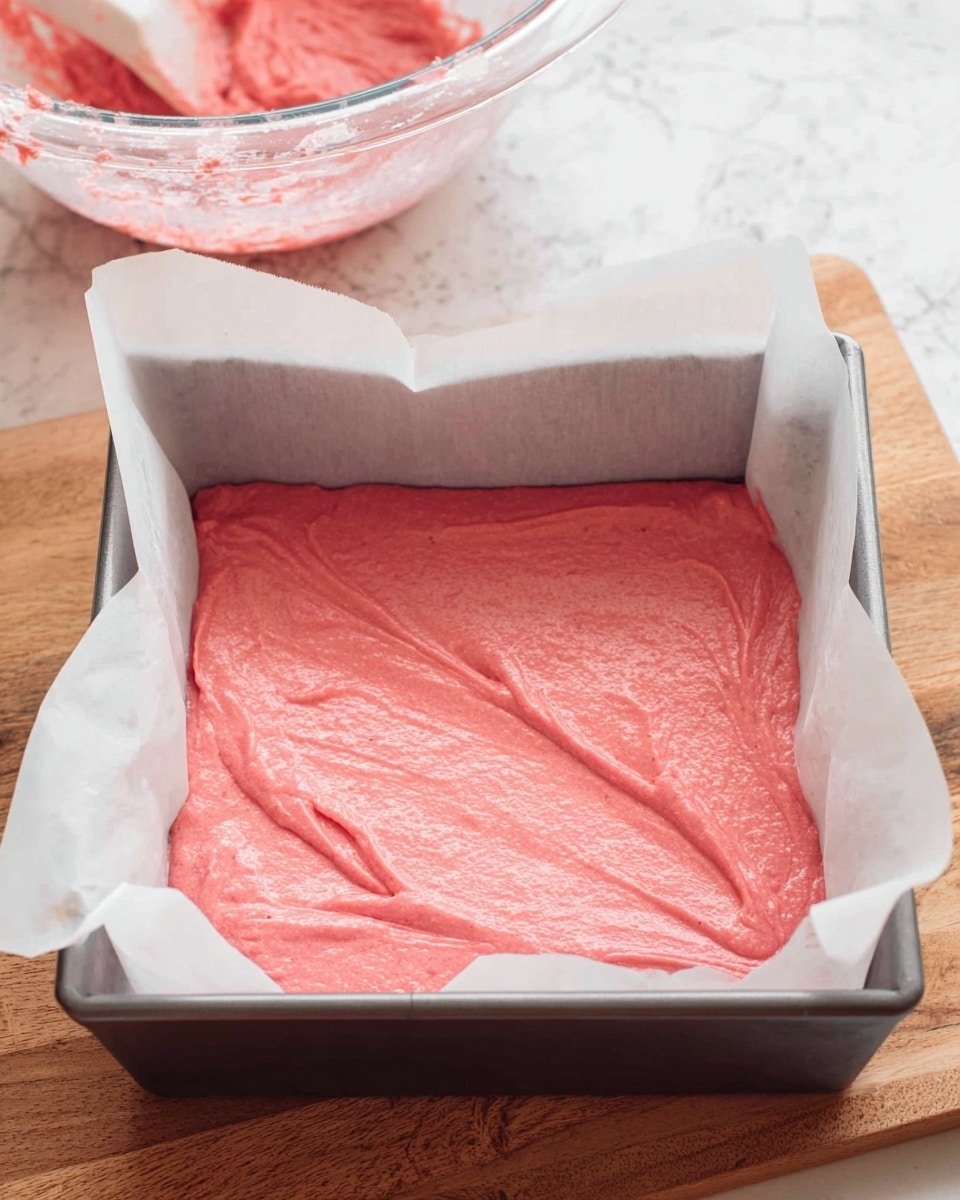 A square baking pan lined with white parchment paper contains a smooth layer of bright pink batter spread evenly across the bottom. The batter has a soft, creamy texture with light streaks showing where it was smoothed out. The pan is placed on a wooden surface with a white marbled textured background behind it. Part of a large clear mixing bowl with some of the same pink batter residue on the inside rim is visible in the background. photo taken with an iphone --ar 4:5 --v 7