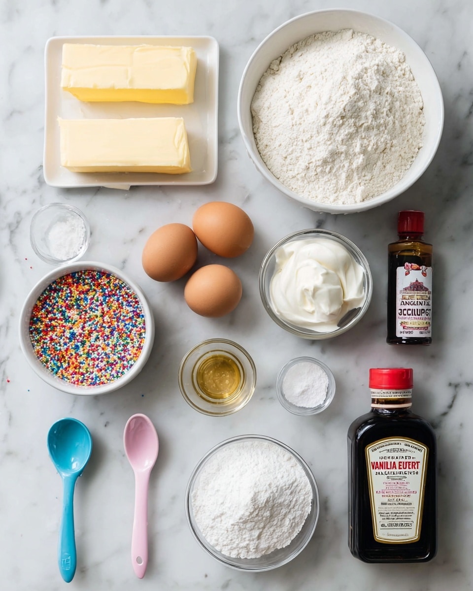 The image shows ingredients neatly arranged on a white marbled surface, including two sticks of unsalted butter in pale yellow, a white bowl filled with flour, a small white bowl of sour cream, a white bowl with sugar, a small glass salt shaker with salt, two brown eggs placed side by side, a small bowl of white powdered sugar, a small container of colorful rainbow sprinkles at the bottom left, a small blue spoon with baking soda, a pink spoon with baking powder, a larger gold spoon with cornstarch, a dark amber bottle labeled