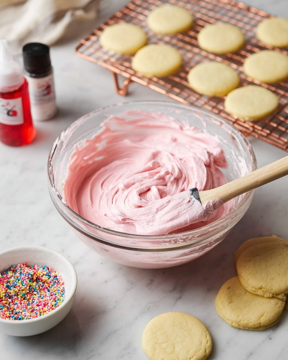A glass bowl filled with thick, smooth pink frosting being mixed by a wooden spatula, with the frosting showing slight swirls and soft peaks. Around the bowl, several pale yellow round cookies sit on a white marbled surface, some on a copper wire rack, others scattered. In the background, a small white bowl holds colorful, tiny star-shaped sprinkles, next to a bottle of vanilla and a bottle of red food coloring with the cap off. The scene is soft and bright, focused on the creamy texture of the frosting and the smooth surface of the cookies. Photo taken with an iphone --ar 4:5 --v 7