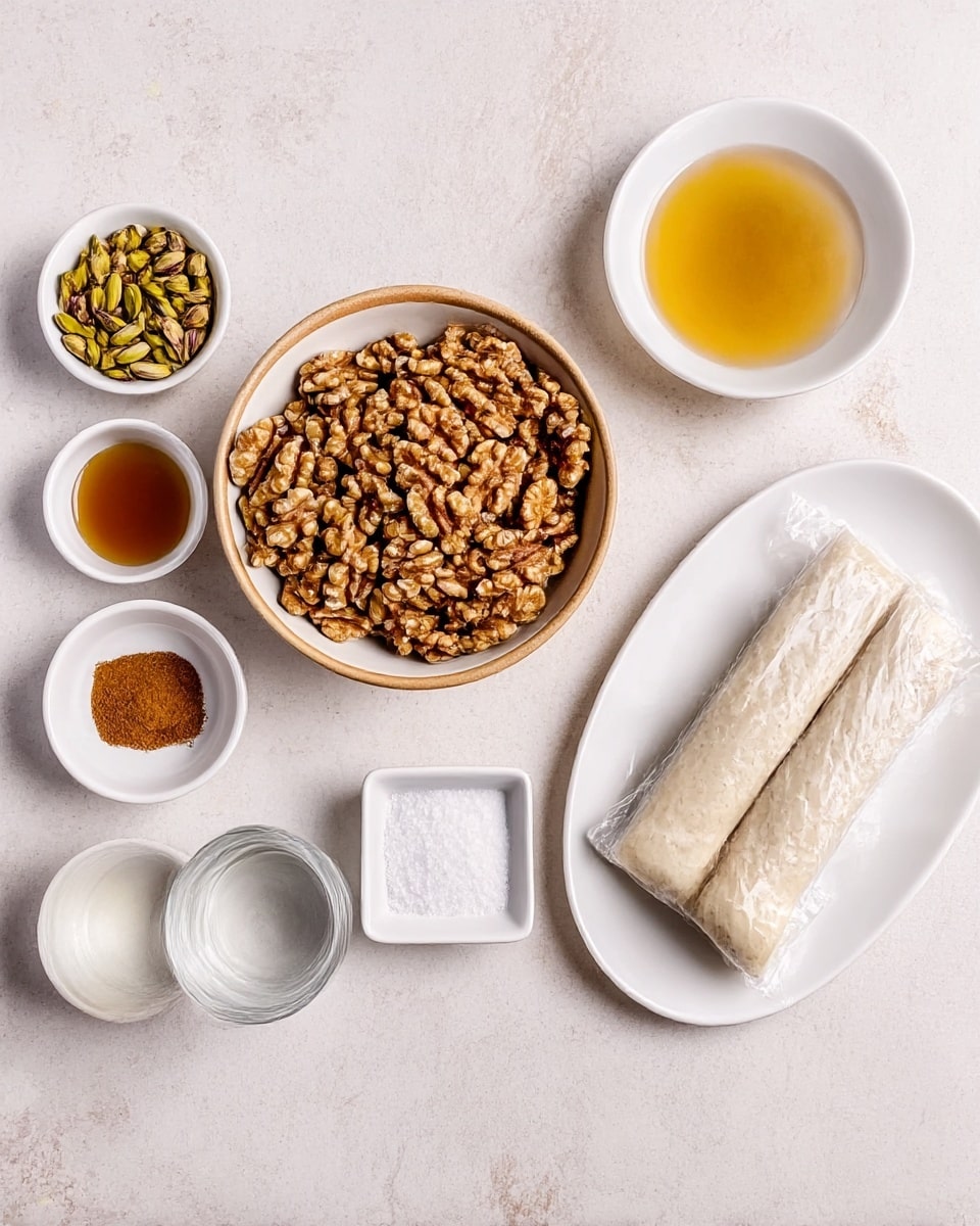 The image shows an overhead view of various ingredients arranged on a white marbled surface. In the center, there is a bowl full of walnuts with a light brown outer rim. Surrounding it, from left to right, are small white bowls filled with pistachios, sugar, a clear liquid, cinnamon powder, and honey. Below the walnuts is a small glass with water and a smaller square white bowl with salt. On the right side of the image is a white oval plate holding two rolled sheets of dough wrapped in plastic. The setup is clean and neatly organized with soft natural lighting, and the colors range from light browns and beige to golden yellows. Photo taken with an iphone --ar 4:5 --v 7