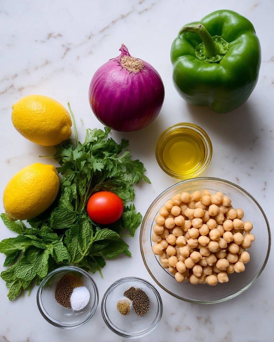 A white marbled surface holds a clear glass bowl filled with light beige chickpeas on the bottom right. Above it, a small glass container with golden olive oil is placed. Next to these, a large green bell pepper lies on the top right. To the left of the olive oil, a medium purple onion with a rough top is positioned. Below the onion, a bunch of fresh green parsley and to its left fresh green mint leaves spread slightly out. Above the mint on the left side, two bright yellow lemons align vertically. Between the lemons and onion, a single round red tomato sits. Near the top left, a small clear glass bowl holds three types of spices: light brown, black, and white. The arrangement sits neatly on the white marbled surface, with soft natural light illuminating the fresh ingredients photo taken with an iphone --ar 4:5 --v 7