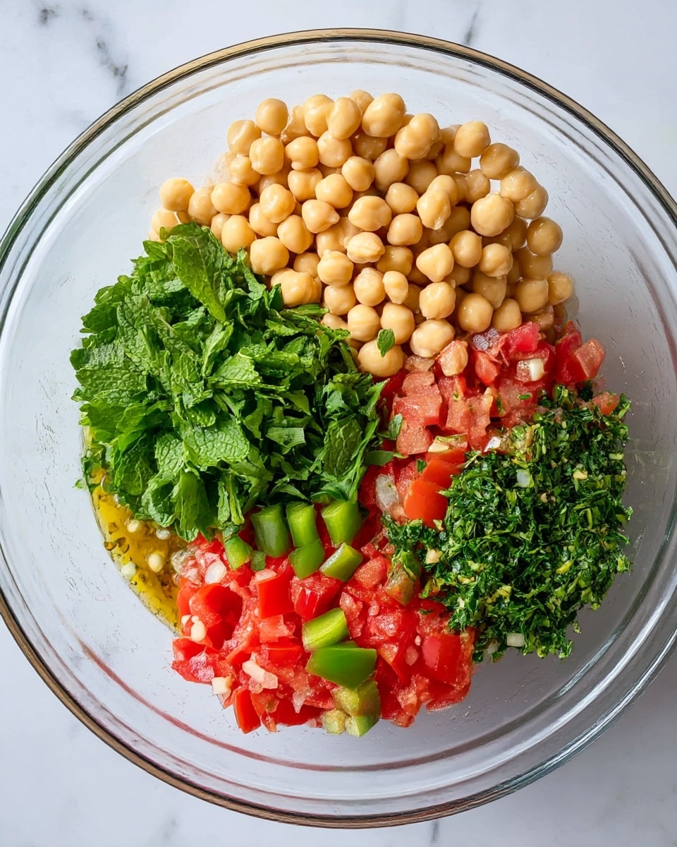 A clear glass bowl placed on a white marbled surface holds a mix of five main layers. On the top left, there is a pile of light beige chickpeas. Below that, to the bottom left, is a bunch of fresh green mint leaves. To the bottom right, there are chopped green bell peppers. Above the peppers is a layer of diced red tomatoes. On the top right, finely chopped green herbs, likely cilantro and parsley, cover a section. In the bottom left corner inside the bowl, some oily dressing with small pieces of minced onions is visible. Photo taken with an iphone --ar 4:5 --v 7