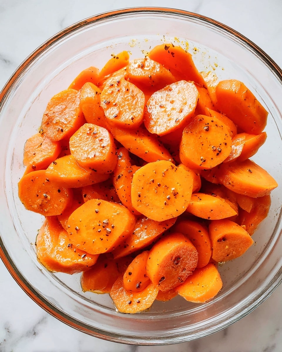 A clear glass bowl filled with two layers of sliced carrots. The carrot slices are thick and cut in different shapes, some round and some angled. The bright orange carrots are coated lightly with small black pepper flakes and oil, giving them a shiny and fresh look. The bowl is set on a white marbled surface. photo taken with an iphone --ar 4:5 --v 7