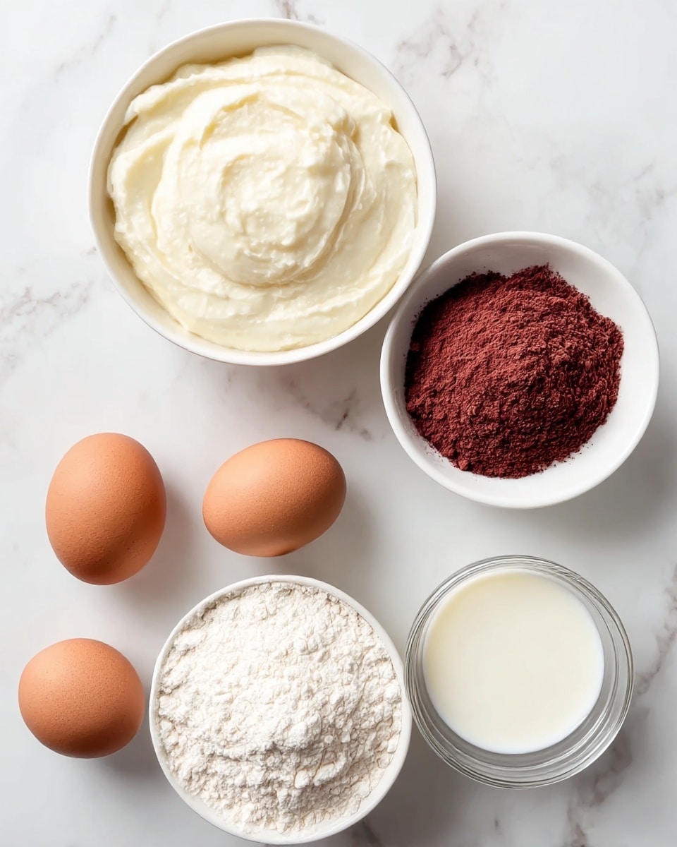 The image shows five ingredients placed on a white marbled surface. There are three brown eggs, two whole and one alone, scattered around. In the top left is a round white bowl filled with thick, creamy white batter or whipped cream with a soft, smooth texture. Adjacent to it on the right is a small white bowl holding a fine, dark reddish-brown powder. Below these bowls, there is another round white bowl filled with white flour that has a soft, powdery texture. To the right of this flour bowl, a small clear glass bowl contains a white liquid, possibly milk or cream, with a smooth surface. All items are neatly arranged and the lighting is bright, making everything clearly visible. Photo taken with an iphone --ar 4:5 --v 7
