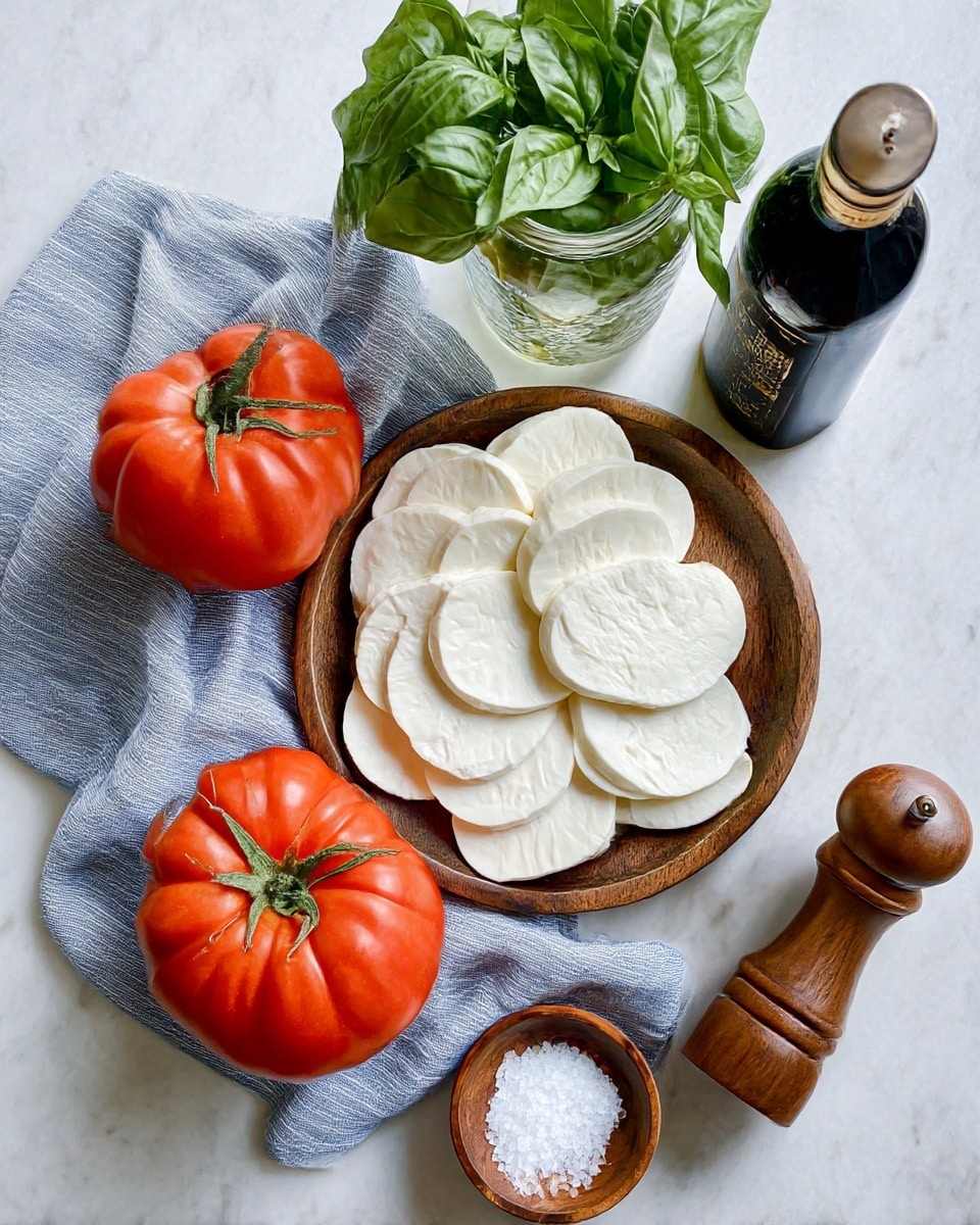 The image shows a wooden plate full of white round slices of mozzarella cheese arranged in layers. To the left, two large red tomatoes with green stems rest on a soft blue-striped cloth. Above the tomatoes, there is a glass jar with fresh green basil leaves. To the right of the plate, there is a dark bottle of olive oil and a wooden pepper grinder. Below the tomatoes, on the cloth, a small wooden dish holds white flaky sea salt. Everything is placed on a white marbled surface. Photo taken with an iphone --ar 4:5 --v 7
