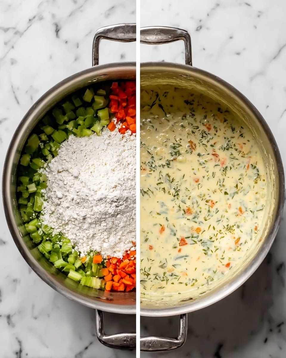 The image shows two side-by-side views inside a stainless steel pot on a white marbled surface. On the left side, the pot is filled with chopped green celery and orange carrots arranged around a mound of white flour in the center. On the right side, the same pot shows a creamy mixture with small pieces of green celery, orange carrots, and herbs evenly spread in a thick pale yellow sauce. The pot handles are visible at the top and bottom edges. Photo taken with an iphone --ar 4:5 --v 7