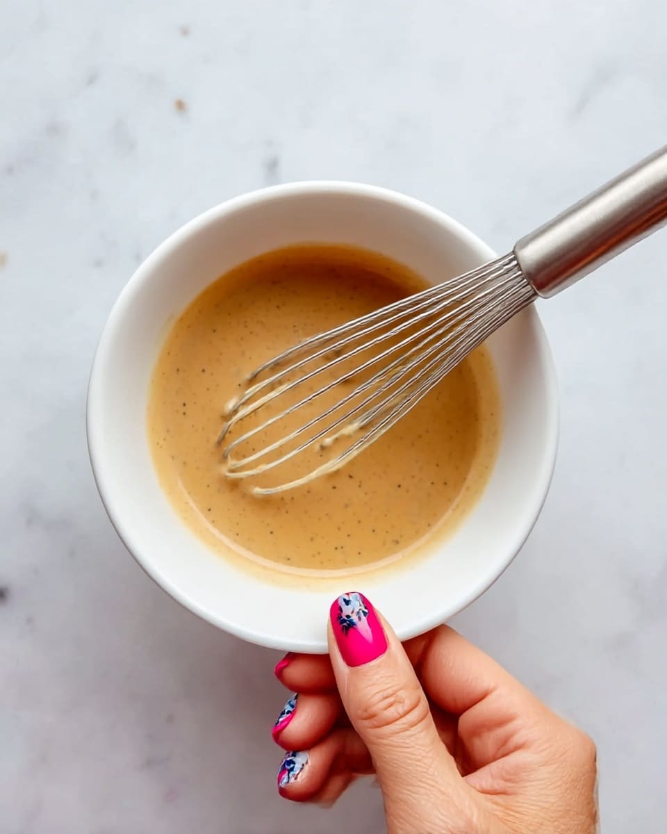 A white bowl holds a smooth, creamy light brown sauce with tiny black specks visible throughout. In the bowl, a metal whisk is partially dipped, mixing the sauce gently. A woman's hand with bright pink nail polish decorated with small blue and black floral patterns is holding the handle of the whisk. The bowl sits on a white marbled surface with soft lighting from above, giving the sauce a slight shine. Photo taken with an iphone --ar 4:5 --v 7