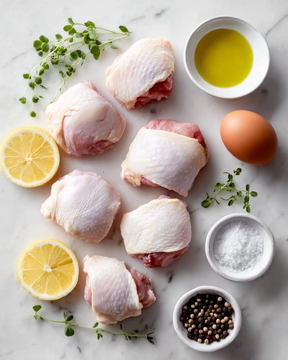 Six raw chicken pieces, each with pale skin and pinkish flesh, are arranged on a white marbled surface. To the top right, a white small bowl holds clear yellow oil, and next to it is a brown egg. Below the egg is another small white bowl filled with mixed whole peppercorns. Near the bottom left side, two lemon slices with bright yellow skin and juicy texture rest beside a small white bowl of coarse white salt. Small sprigs of fresh green herbs, one with round leaves and the other feathery, frame the chicken pieces on opposite sides. The image is clean and bright, highlighting the natural colors and textures of the ingredients. photo taken with an iphone --ar 4:5 --v 7