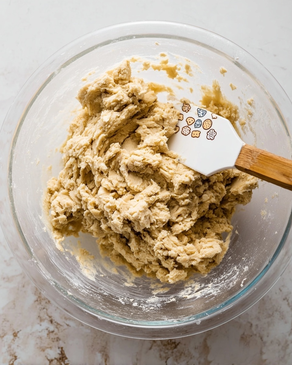 A clear glass bowl holds a thick, light beige dough mixed with visible oat flakes, showing a rough, crumbly texture. Inside the bowl is a white spatula with a wooden handle, decorated with small cookie images, partially buried in the dough near the top left. The dough looks dense and chunky, sticking slightly to the sides of the bowl. The background is a white marbled texture. Photo taken with an iphone --ar 4:5 --v 7