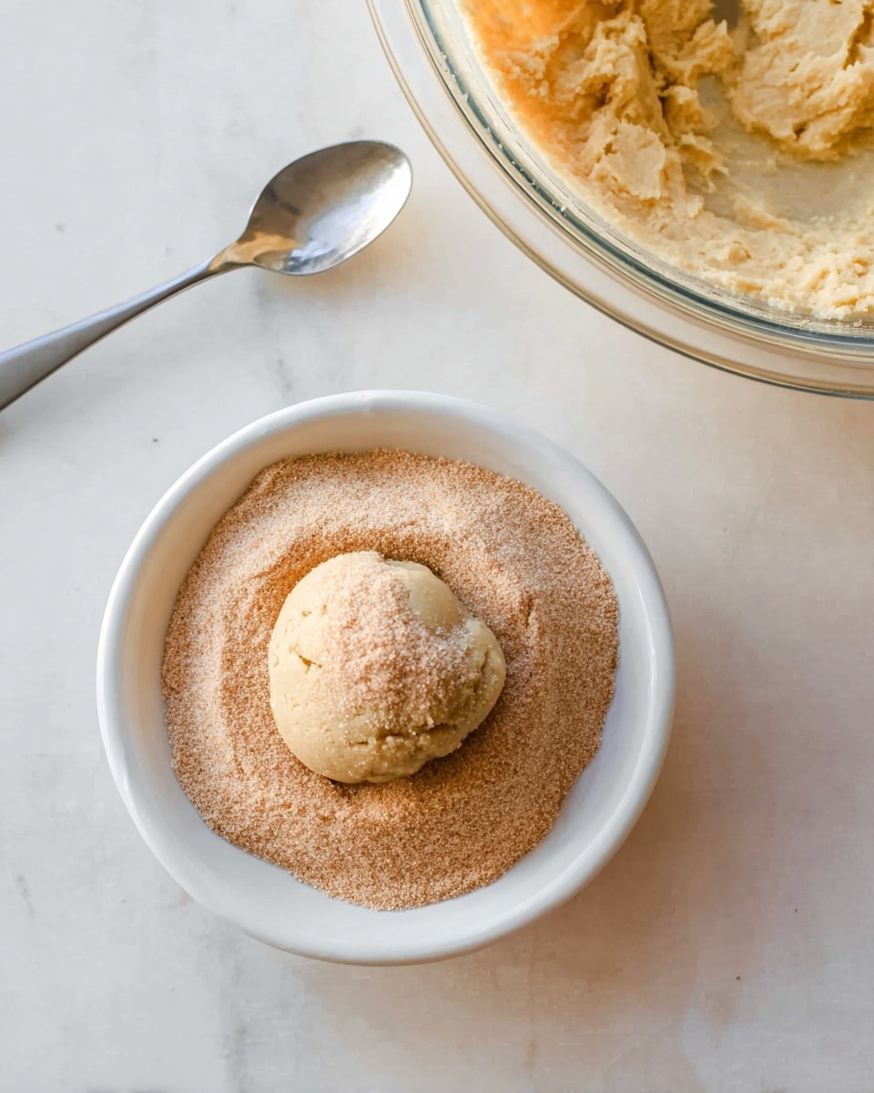 A white round dish holds a small pile of light brown sugar powder, with a dough ball placed on top, partially covered by the sugar powder. The dough ball is pale yellow, smooth, and round with a slight indentation. To the right is a glass bowl filled with pale yellow dough, and above the dish lies a silver spoon on a white marbled surface. photo taken with an iphone --ar 4:5 --v 7