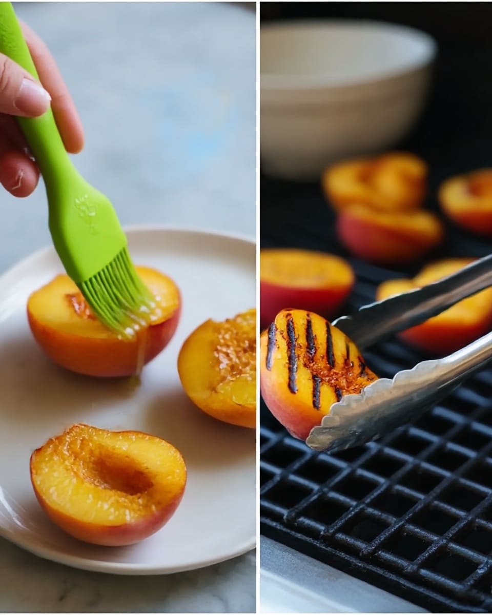 The image shows two parts: on the left, a woman's hand uses a bright green brush to apply a liquid to three peach halves, which are placed on a white plate on a white marbled surface; behind the plate is a blurred white bowl. On the right, a close-up of a pair of silver tongs holding a peach half with visible dark grill marks, positioned on a black grill along with other peach halves. The colors include the warm orange and red of the peaches and the contrast between the bright green brush and the dark grill. photo taken with an iphone --ar 4:5 --v 7