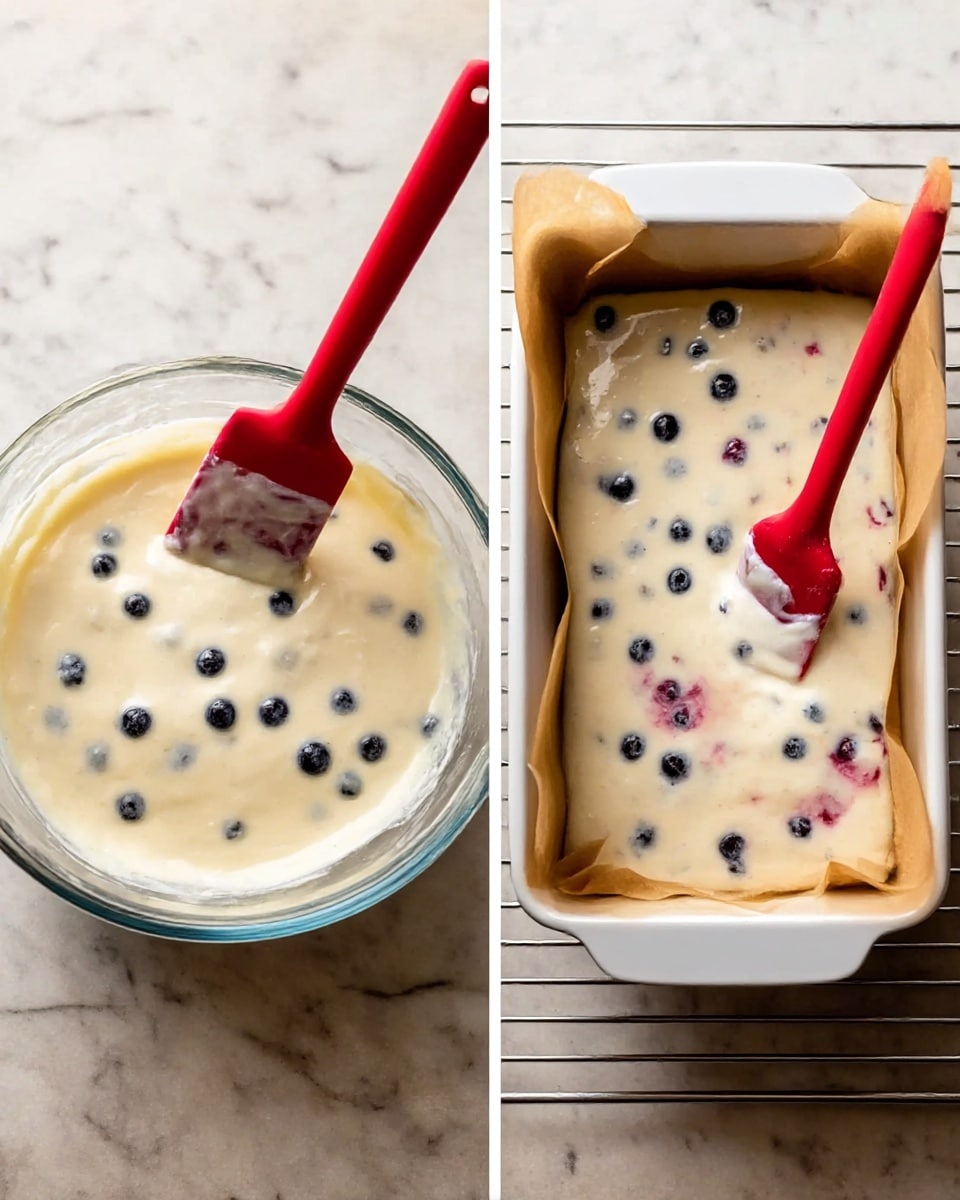 The image shows two side-by-side photos of a creamy batter mixed with small round dark blueberries. On the left, the batter is in a clear glass bowl on a white marbled surface, with a red spatula resting inside, partially covered by the batter. The batter looks smooth and creamy with blueberries scattered throughout. On the right, the batter has been poured into a white rectangular baking pan lined with brown parchment paper, sitting on a metal rack on the same white marbled surface. The red spatula is inside the pan, lifting some batter, and there are visible spots where blueberry juice has started to bleed into the batter. Photo taken with an iphone --ar 4:5 --v 7
