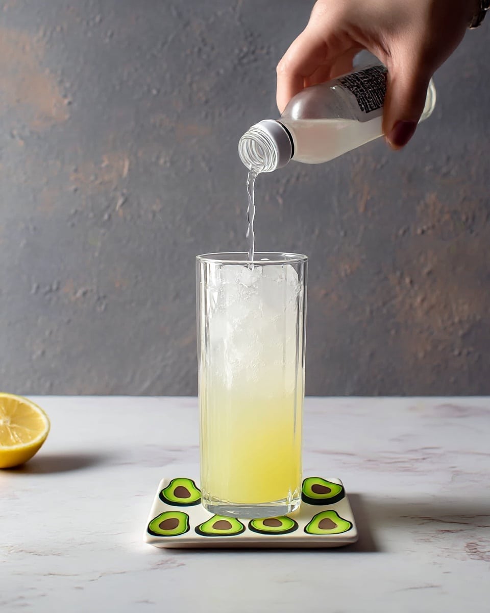 A tall, clear glass is filled with ice and a light yellow liquid at the bottom, about two-thirds full, with a woman's hand pouring a clear liquid from a small white bottle playing into the glass from above. The glass sits on a small square white plate with green avocado designs, which is placed on a white marbled surface. The background is a rough gray wall with a textured look. Part of a cut lemon is on the surface to the lower left side. Photo taken with an iphone --ar 4:5 --v 7