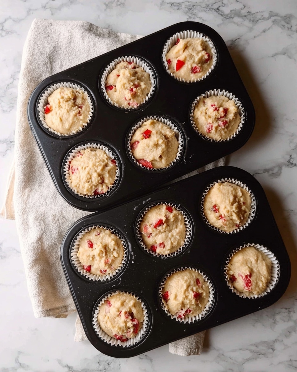 Two black muffin trays each contain six cups lined with white paper liners filled with pale, creamy batter mixed with small red pieces, likely strawberries. The batter looks slightly rough and uneven on top, showing a textured surface with scattered red bits visible throughout. The trays rest on a white marbled surface with a light-colored cloth partially visible underneath the top tray. photo taken with an iphone --ar 4:5 --v 7