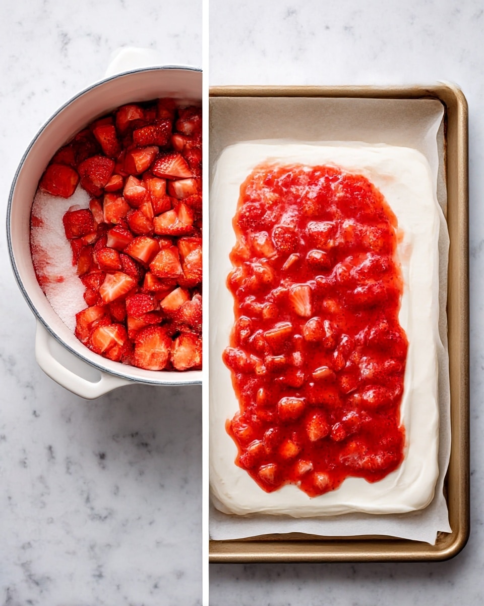The image shows two parts of a strawberry dessert preparation. On the left, there is a white pot filled halfway with chopped bright red strawberries over a layer of white sugar with a smooth texture, resting on a white marbled surface. On the right, a white baking tray lined with parchment paper contains a thick, smooth, white creamy layer spread evenly at the bottom, topped with a bright red strawberry sauce that has visible soft chunks of strawberries spread across the center, creating a vibrant contrast between the creamy white and the lively red strawberry topping, also set on a white marbled surface. photo taken with an iphone --ar 4:5 --v 7