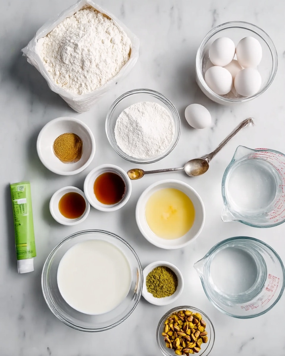 The image shows various baking ingredients arranged neatly on a white marbled surface in small white bowls and clear glass dishes. There is a medium clear glass bowl with white milk positioned near the center bottom, surrounded by small white bowls holding brown liquid, white powder, green powder, and crunchy yellow-green pistachio nuts. A clear measuring cup on the right holds water, and above it a white bowl holds three white eggs. A small white bowl with a light yellow liquid is also present. A metallic measuring spoon with light brown liquid and another with a clear liquid are placed near the bowls. A larger white bag of white flour lies on the left side. The green tube of gel is placed near the glass bowl of milk. Everything is shown clearly with soft natural lighting. Photo taken with an iphone --ar 4:5 --v 7