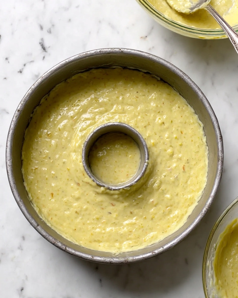 A close-up top view of a metal bundt pan filled with thick, light greenish-yellow batter that has small bits scattered throughout, showing a slightly textured and smooth surface evenly spread in the pan. The pan sits on a white marbled surface, and in the top right corner, part of a clear glass bowl with more of the same batter and a spoon is visible, adding context to the baking process. photo taken with an iphone --ar 4:5 --v 7