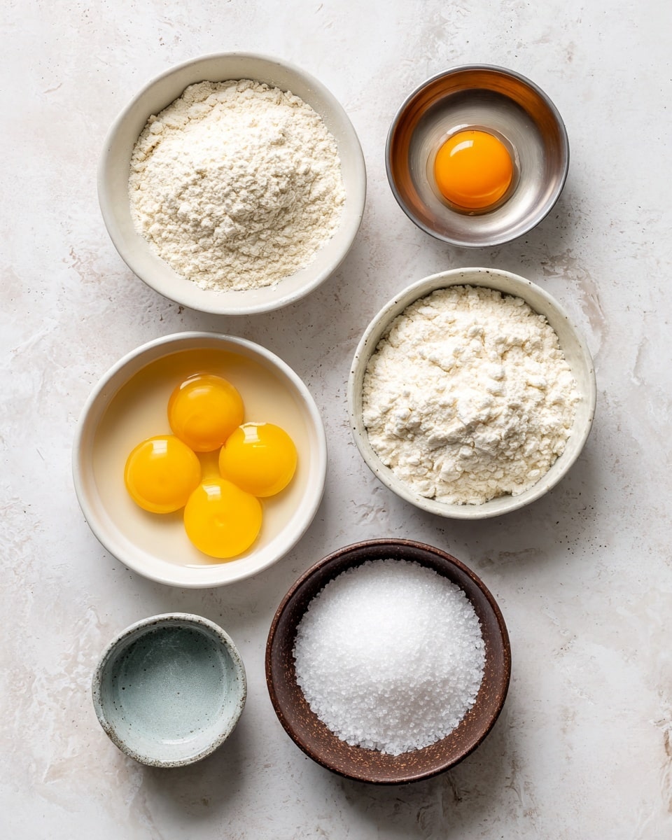 The image shows six small bowls arranged on a white marbled surface, each containing a different ingredient. At the top left, there is a white bowl filled with light, powdery gluten-free flour. To its right is a small metal bowl holding a single bright orange egg yolk. Below the flour bowl, there is another white bowl with three whole eggs, yellow yolks floating in the clear whites. Next to it on the right is a white bowl filled with fine, white tapioca starch. Below these, a small brown bowl contains coarse white sea salt, and beside it, a small metal cup holds clear water. Each bowl and its contents are clearly visible with a soft natural light. photo taken with an iphone --ar 4:5 --v 7