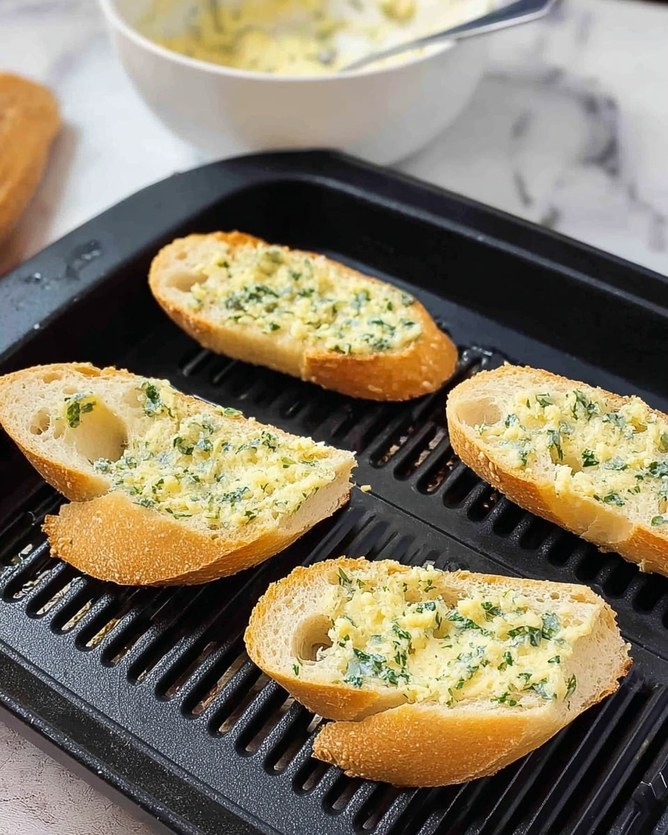 The image shows four pieces of baguette bread on a black grill tray. Each bread slice has a creamy, pale yellow spread with small green bits, likely herbs, evenly spread on top. The bread has a golden-brown crust with a soft inner texture, and the grill tray sits on a white marbled surface. In the background, there is a white bowl with more of the creamy spread and a spoon inside it. Photo taken with an iphone --ar 4:5 --v 7