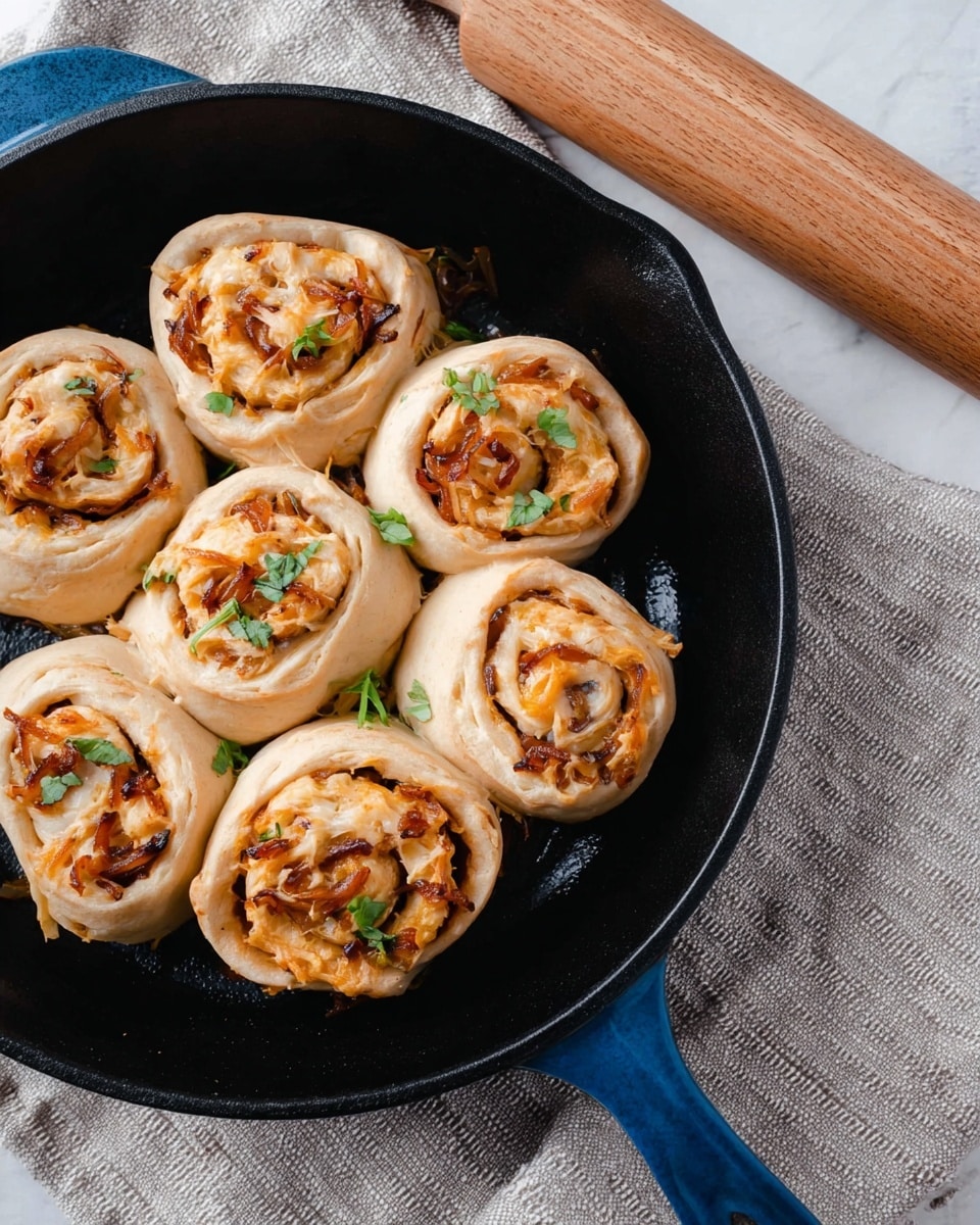 The image shows a black pan holding six pinwheel-shaped rolls made from light tan dough. Each roll has visible swirls of shredded orange cheese and browned caramelized onions, with small green herb leaves scattered on top. The pan has a blue handle and sits on a light grey textured cloth, all placed on a white marbled surface. At the top edge, a wooden rolling pin lies horizontally. Photo taken with an iphone --ar 4:5 --v 7