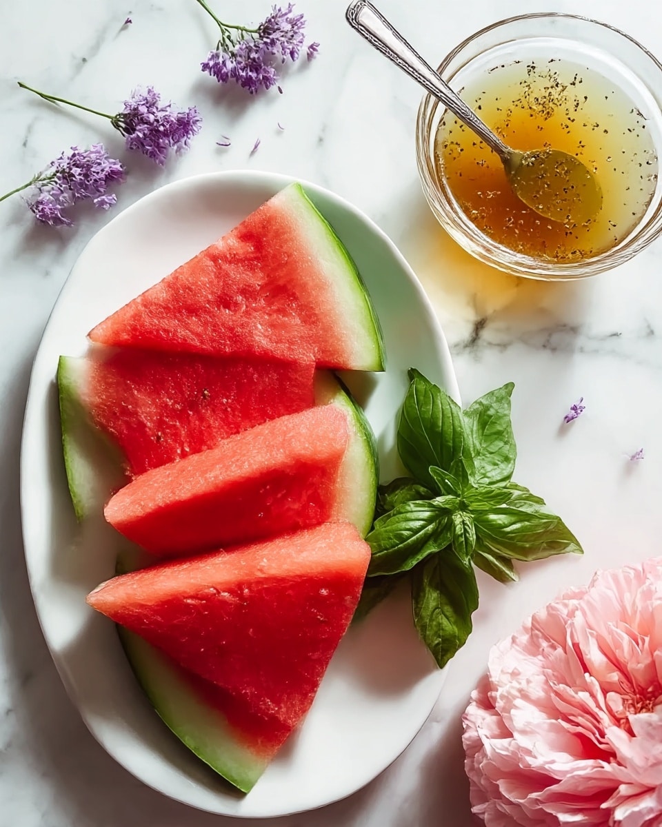 There is a white oval plate holding four triangular slices of watermelon, stacked closely with their bright red flesh and green rind visible, and a small bunch of fresh green basil leaves placed on the bottom right side of the plate. To the upper right of the plate, there is a clear glass bowl filled with a light brown liquid dressing that has visible spices, with a spoon resting inside. Around the bowl on the white marbled surface, there are small purple flowers scattered, and at the bottom right corner, a large soft pink flower adds a gentle touch to the scene. Photo taken with an iphone --ar 4:5 --v 7