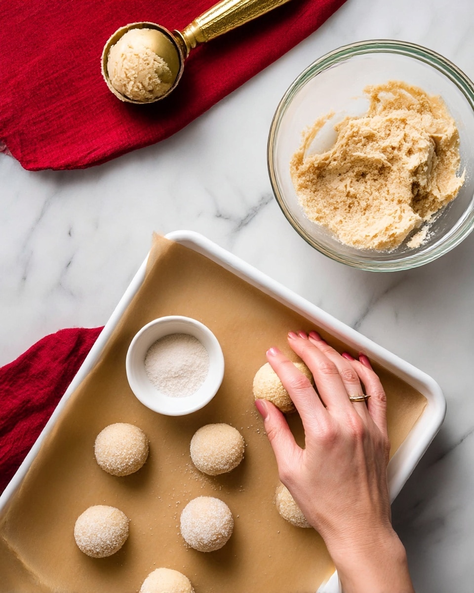 A top-down view shows a white baking tray lined with brown parchment paper, holding five light beige dough balls, some plain and some coated with sugar. A woman's hand is pressing one dough ball into a small white bowl filled with sugar while another woman's hand holds the bowl. Above the tray, there is a clear glass bowl filled with light beige dough and a golden ice cream scooper resting on the white marbled surface, holding a scoop of dough. A red cloth is partially visible under the baking tray. Photo taken with an iphone --ar 4:5 --v 7
