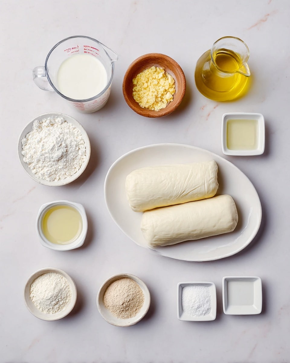 The image shows several cooking ingredients laid out neatly on a white marbled surface. In the bottom right, a white oval plate holds two wrapped rolls of light beige dough. Around it are small bowls and containers: a clear measuring cup filled with white milk on the top left, a wooden bowl with white powder next to it, a small white bowl with yellow crumbs, and a transparent jug with golden oil on the top right. Below these, there are three tiny white square dishes containing clear liquid, translucent yellow liquid, and white powder from left to right. Towards the bottom left, two more small round bowls with white and light brown powders sit side by side. The simple, clean setup highlights the soft textures and light colors of the ingredients photo taken with an iphone --ar 4:5 --v 7