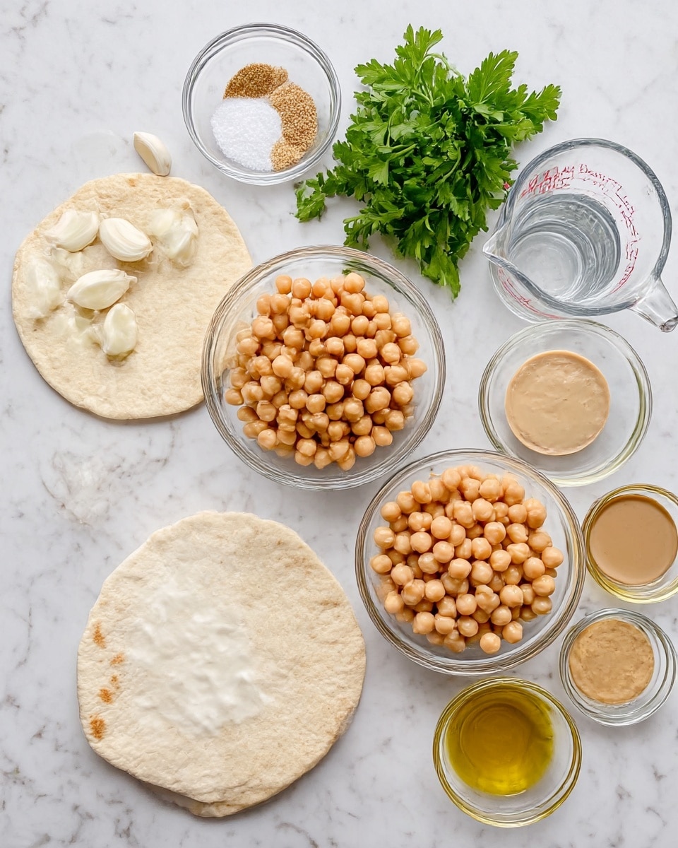 The image shows several ingredients neatly arranged on a white marbled surface. There are two medium clear glass bowls filled with light brown chickpeas and creamy white yogurt, placed near the center. A round flat pita bread with a light beige color sits on the left side. Above the pita, there are peeled white garlic cloves. In the upper left corner, there is a small clear bowl with salt and a larger clear bowl with a mix of beige and white spices. A clear measuring cup with water is placed near the bowls. Toward the upper middle, fresh green parsley sprigs add a touch of bright color. Small glass bowls hold light brown tahini sauce, pale yellow pine nuts, and golden olive oil. Everything is cleanly spread out and clearly visible, photo taken with an iphone --ar 4:5 --v 7
