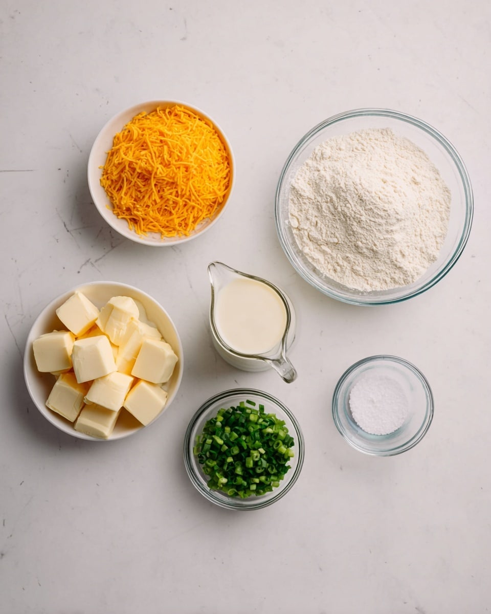 The image shows six small bowls and a clear glass jug arranged on a white marbled surface. The top left bowl contains shredded orange cheese with a rough texture. To its right is a clear glass jug filled with a creamy white liquid. Next to the jug on the right is a large clear glass bowl filled with fine white flour. Below the flour bowl, a small white bowl holds bright green chopped spring onions, showing small, round pieces with light and dark green colors. To the left of the onions, a clear glass bowl contains uniform cubes of pale yellow butter. The smallest white bowl at the bottom right holds a small amount of white salt. All items are evenly spaced and neatly arranged. Photo taken with an iphone --ar 4:5 --v 7