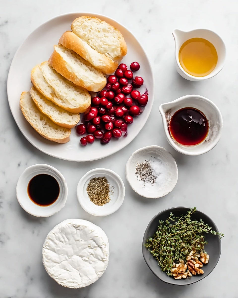 The image shows ingredients arranged on a white marbled surface. At the center left is a white plate stacked with several slices of light golden bread. Above it is a white bowl filled with bright red fresh cranberries. To the right of the cranberries is a white cup with golden honey. Below the honey is a round white dish holding a whole soft white cheese wheel. Near the center are two small white bowls, one with dark brown balsamic vinegar and the other with black pepper and salt. At the bottom right is a small white dish with chopped nuts, and next to it is a dark gray bowl with fresh green thyme sprigs. The setup is clean and airy. Photo taken with an iphone --ar 4:5 --v 7