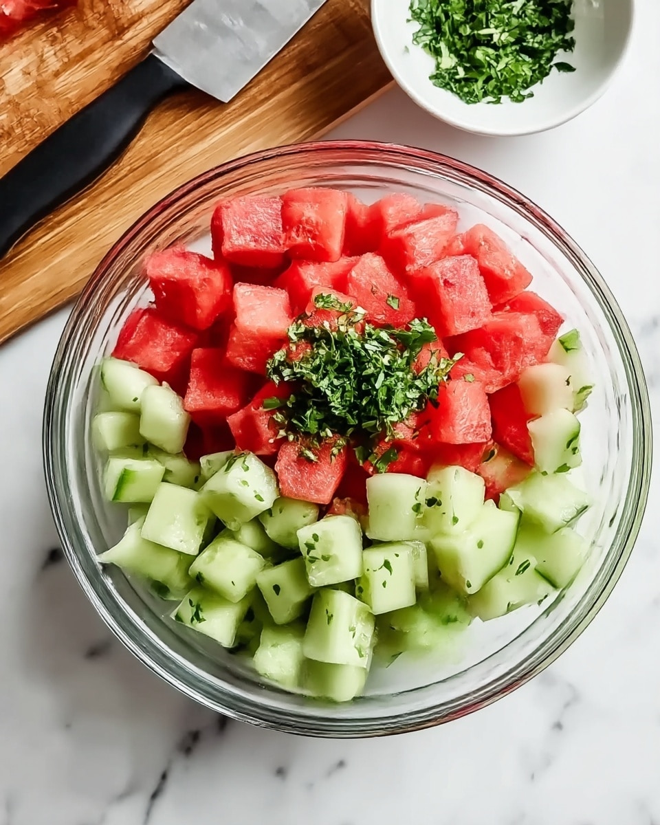 A clear glass bowl filled with two main layers of cubed fruits, red watermelon on the left side and light green cucumber on the right side, both cut into uniform squares. In the center, a small pile of finely chopped green herbs sits on top of the fruit cubes, adding a fresh contrast. The bowl is positioned on a white marbled surface. Nearby, a smaller white bowl with more chopped green herbs is slightly out of focus, along with part of a woman’s hand holding a black-handled knife on a wooden cutting board. Photo taken with an iphone --ar 4:5 --v 7