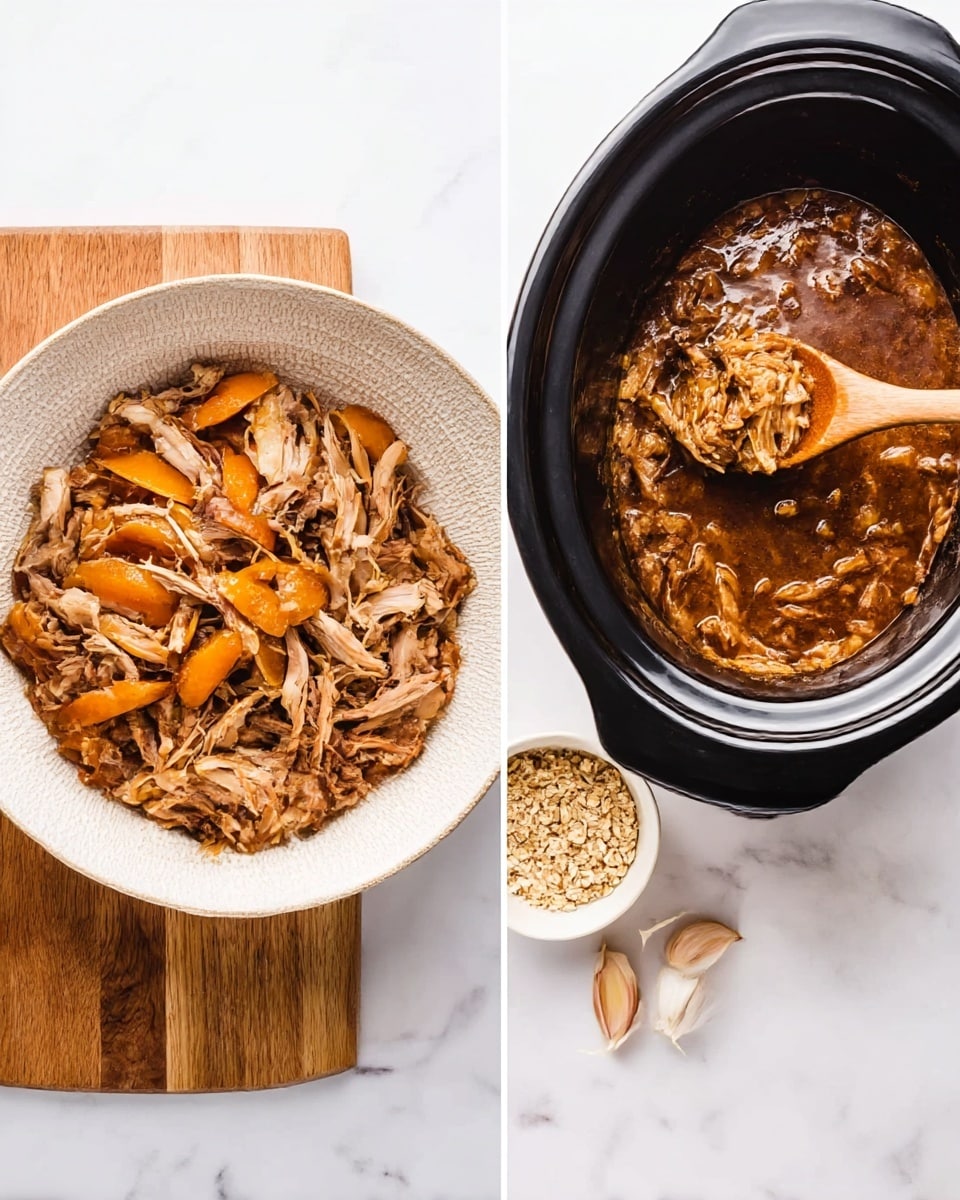 The image shows two photos side by side: on the left, shredded cooked meat with orange skin pieces is placed in a white bowl with a textured surface, set on a wooden board on a white marbled surface; on the right, a black slow cooker filled with shredded meat in thick brown sauce has a wooden spoon lifting some meat inside, with a small white bowl of oatmeal and garlic cloves nearby, all on the same white marbled surface. photo taken with an iphone --ar 4:5 --v 7