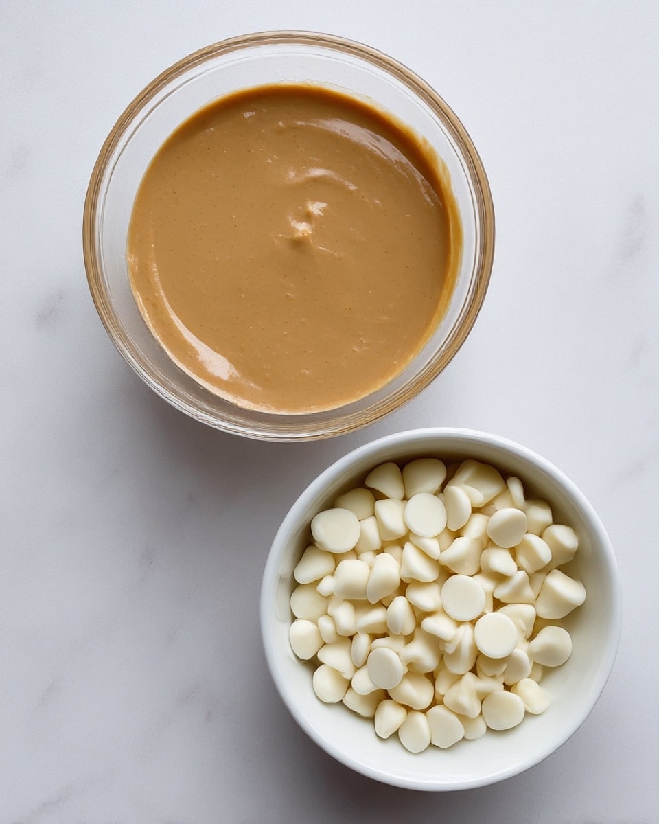 Two clear bowls sit on a white marbled surface, one filled with smooth, creamy light brown peanut butter that has a slightly shiny texture, filling the bowl evenly and taking up most of the space; the other bowl is white and filled with many small, smooth, off-white chocolate chips piled loosely and filling the bowl about three-quarters full. photo taken with an iphone --ar 4:5 --v 7