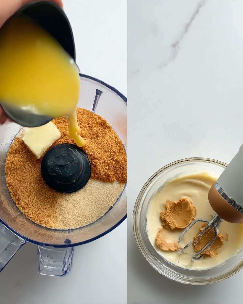 The image shows two steps of making a dessert. On the left, melted yellow butter is being poured from a black pan into a clear food processor bowl containing three layers: a thick layer of light brown crumbs on top, and two lighter beige layers underneath. On the right, a clear glass bowl holds a creamy light yellow mixture with dollops of light brown peanut butter on top, and a hand mixer with a light gray and brown handle is stirring the mixture. Both scenes are set on a white marbled surface. Photo taken with an iphone --ar 4:5 --v 7