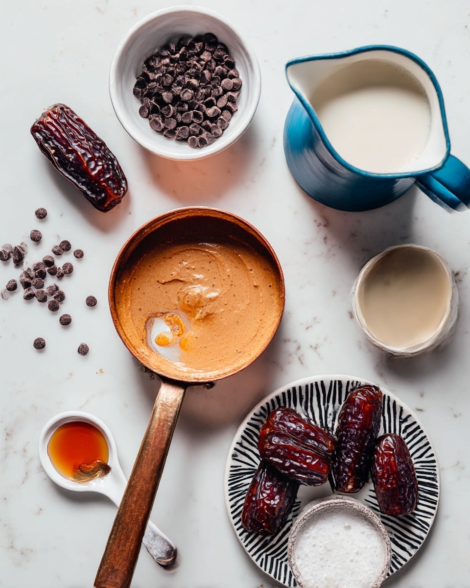 The image shows a top view of several food items arranged neatly on a white marbled surface with five main layers. At the top left, there is a single dark, wrinkled date with a glossy texture, next to a white bowl filled with small, shiny dark chocolate chips, some scattered outside the bowl. Below this, a round copper saucepan with a wooden handle holds a smooth light brown spread with a creamy texture, with a small dollop spilled on the surface. To the right, a white plate with a black zigzag pattern contains four large, glossy dark brown dates. At the top right corner is a blue hexagonal bowl filled with a white fluffy cream. Below this, a white ceramic pitcher holds a beige milk-like liquid with a smooth surface. There are also two small measuring spoons: one white ceramic spoon with a bit of golden syrup and one copper spoon with some coarse salt, placed on the white marbled surface near a small bowl of amber-colored honey. Photo taken with an iphone --ar 4:5 --v 7