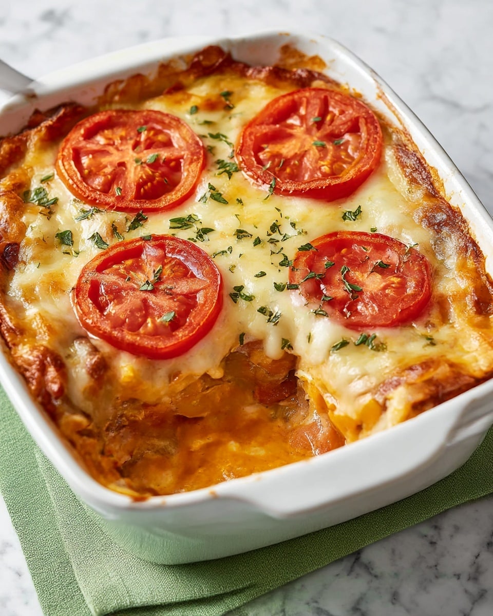 A white baking dish filled with a creamy, cheesy casserole that has a golden-brown top layer. It has three round slices of red tomato placed evenly on top, with some sprinkled green herbs. Underneath the tomato, the cheese is melted and slightly browned with a smooth texture. The dish shows a few layers inside: a thick, creamy sauce with pieces of vegetables and maybe meat in a rich, orange-tinted layer below the cheese. The casserole sits on a green cloth on a white marbled surface. Photo taken with an iphone --ar 4:5 --v 7