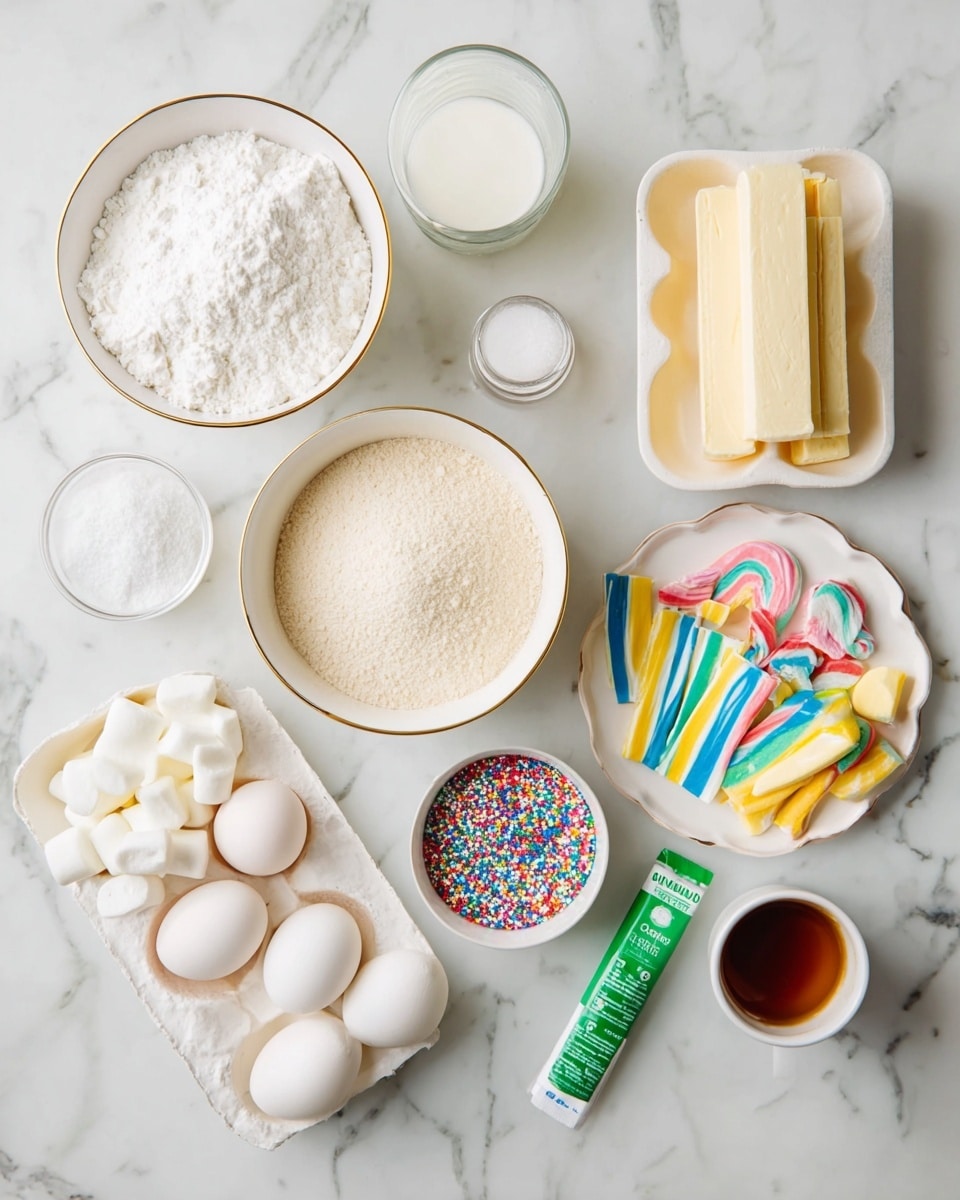 The image shows a white marbled surface with various ingredients placed neatly. There are three white bowls with gold rims: one filled with a white powdery substance, another with a light beige powder, and a smaller one with white powder and baking components. Nearby, a small white bowl holds granulated white sugar, and another small clear jar contains white milk. A small white dish has colorful sprinkles. Three sticks of butter wrapped in yellow paper are placed next to a white egg carton holding two white eggs. To the right, a white plate with a gold rim holds marshmallows, golden wrapped candies, and rainbow-colored candy strips. A small white cup contains brown liquid and a green tube labeled